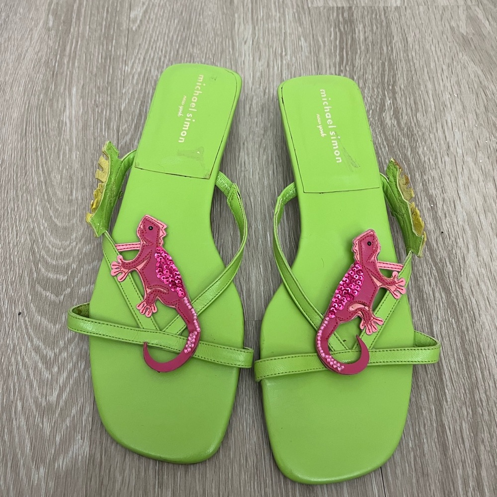 Michael Simon Green Sandals with Pink Lizard Design